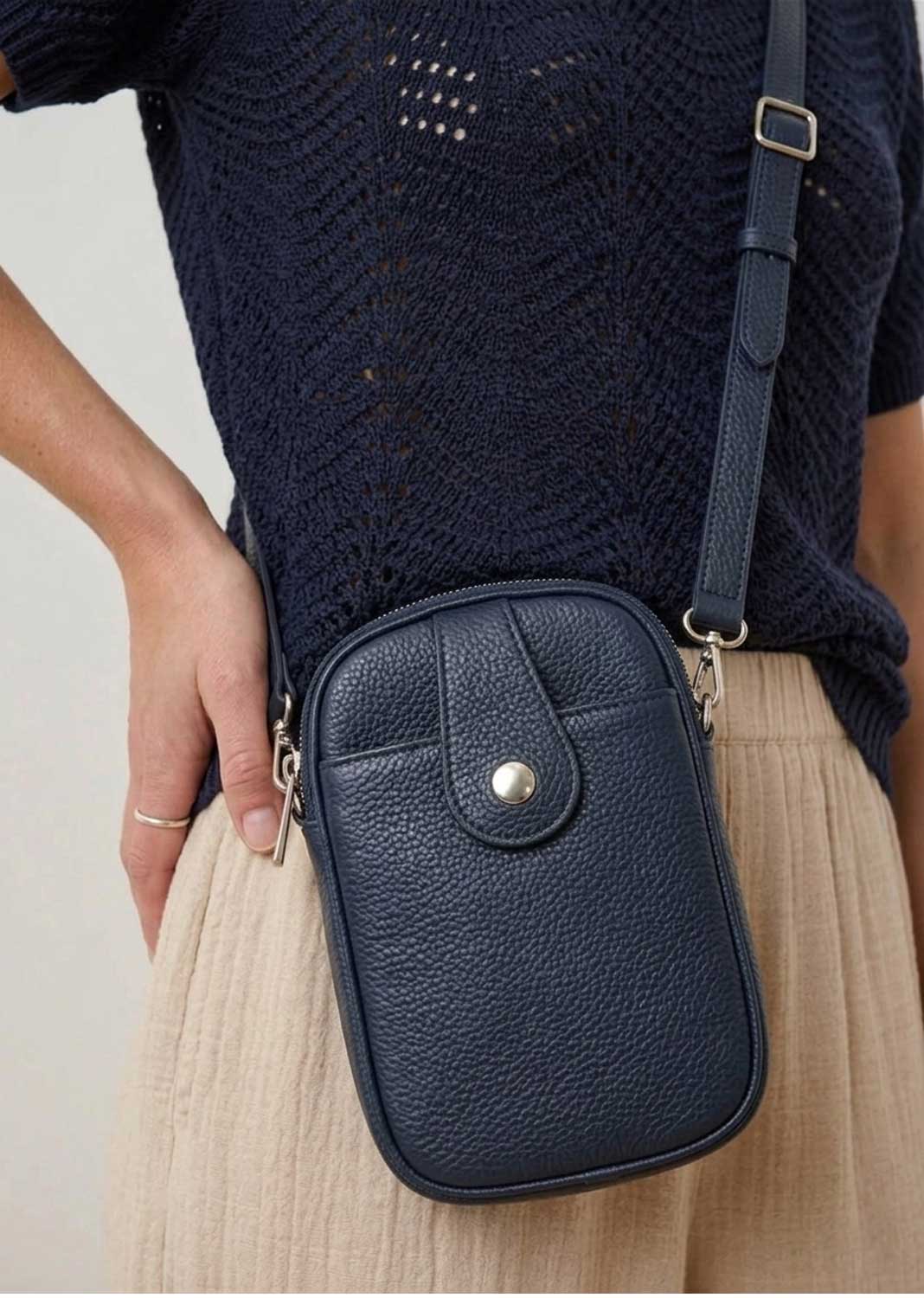 navy leather phone bag 