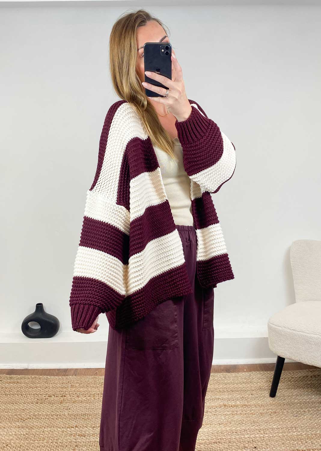 Odette Stripe Cardigan in Burgundy
