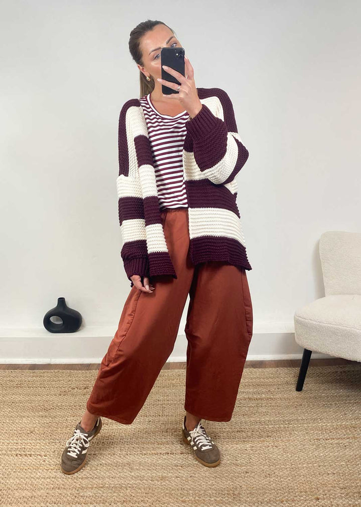 Odette Stripe Cardigan in Burgundy