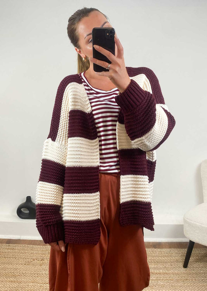 Odette Stripe Cardigan in Burgundy