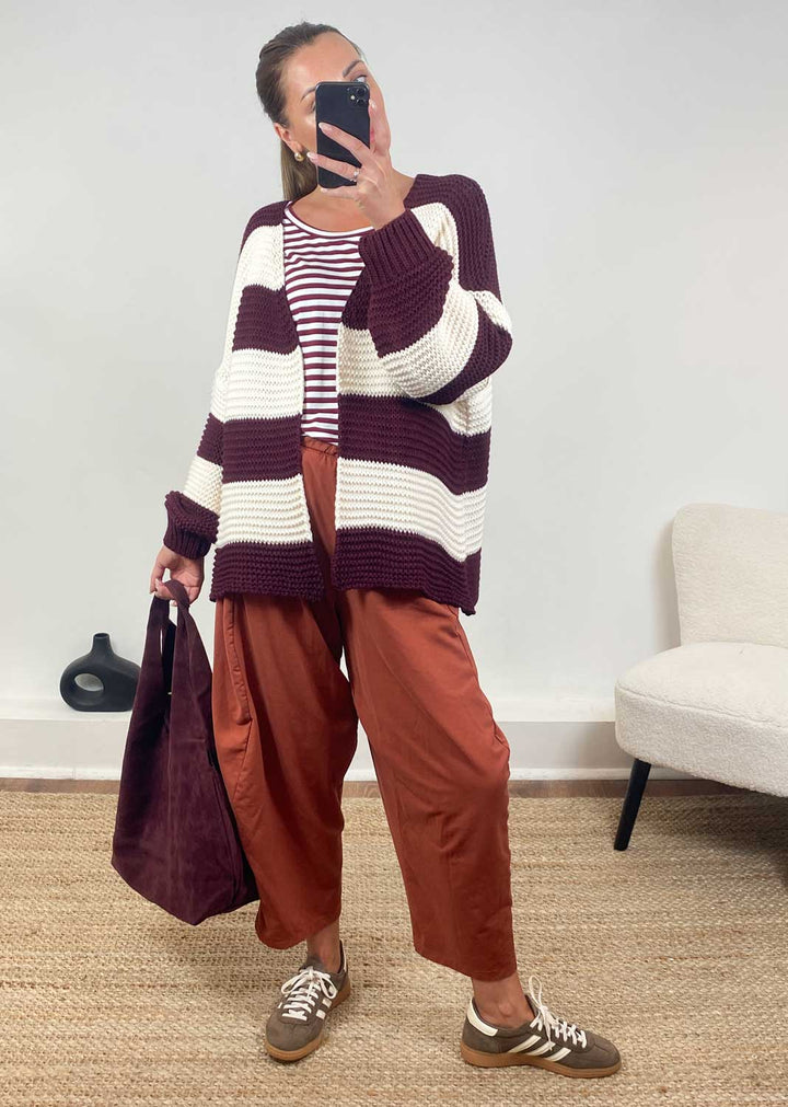 Odette Stripe Cardigan in Burgundy