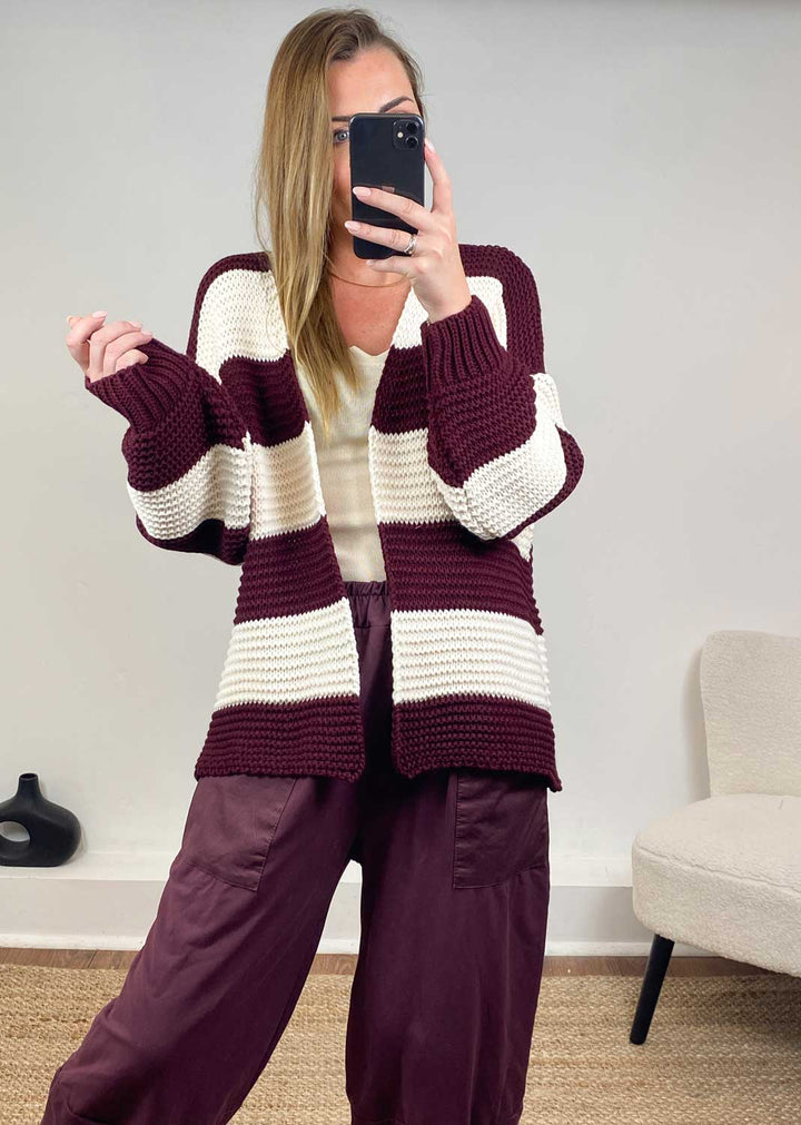 Odette Stripe Cardigan in Burgundy