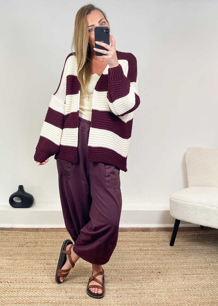 Odette Stripe Cardigan in Burgundy