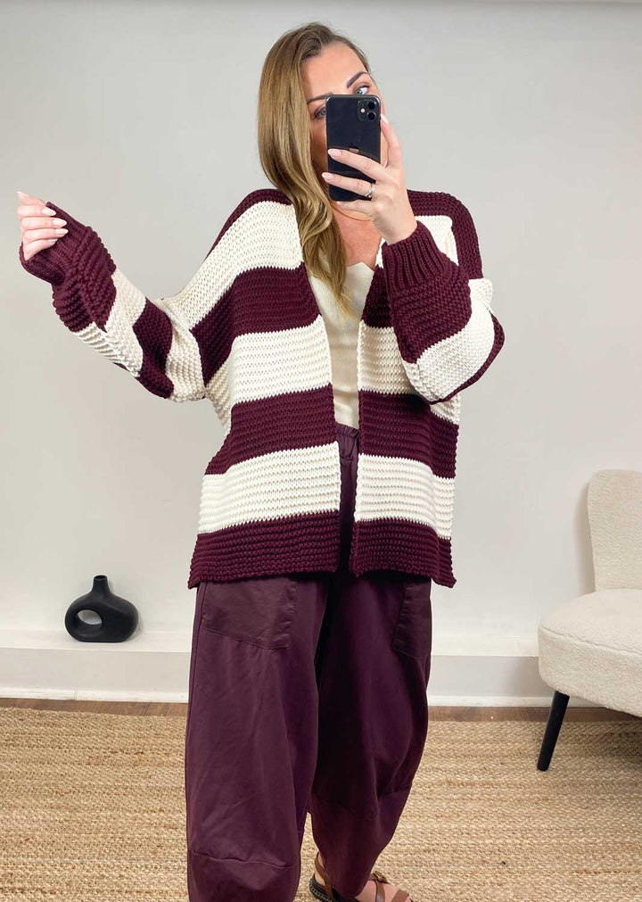 Odette Stripe Cardigan in Burgundy