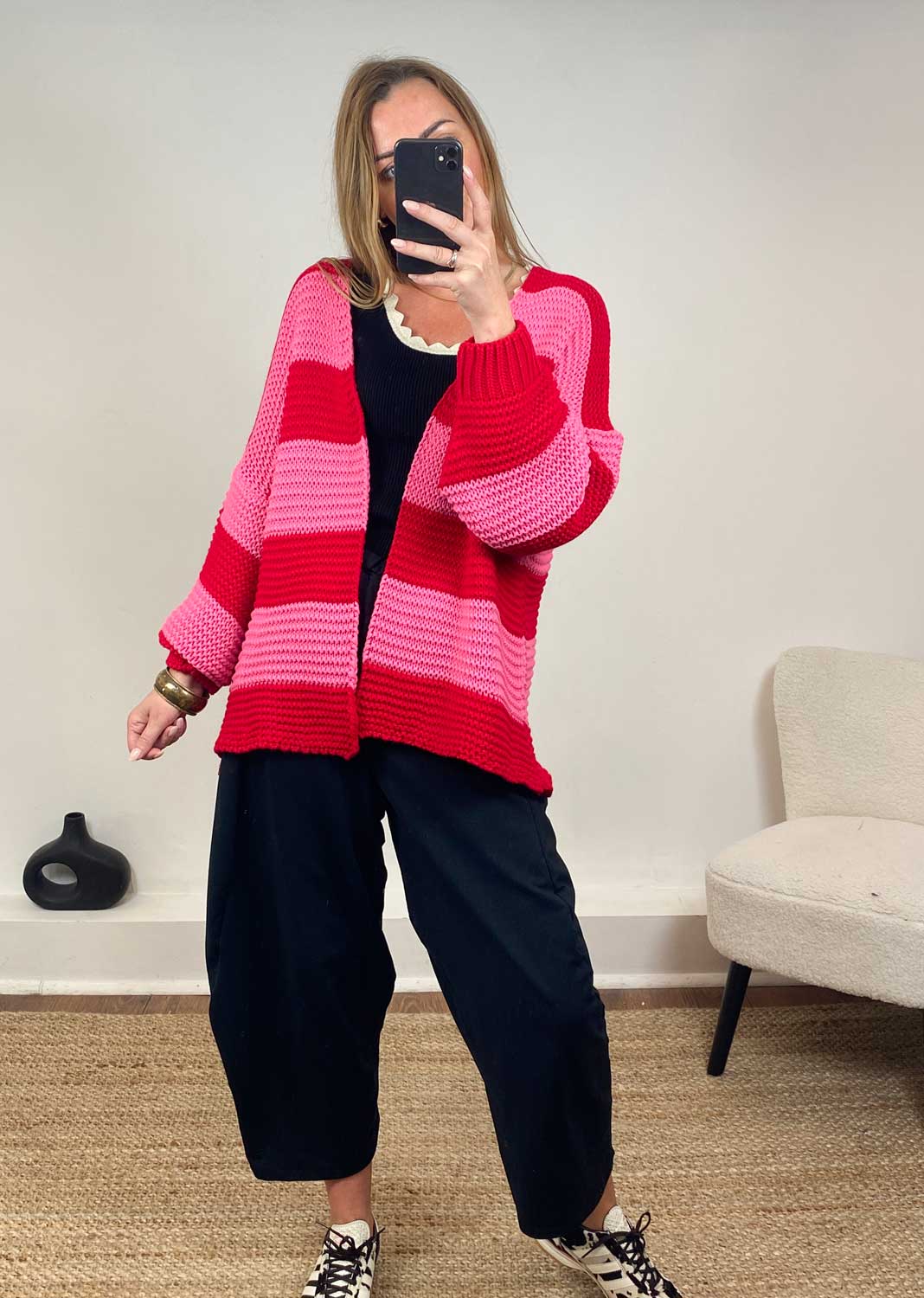 Odette Stripe Cardigan  Red Pink