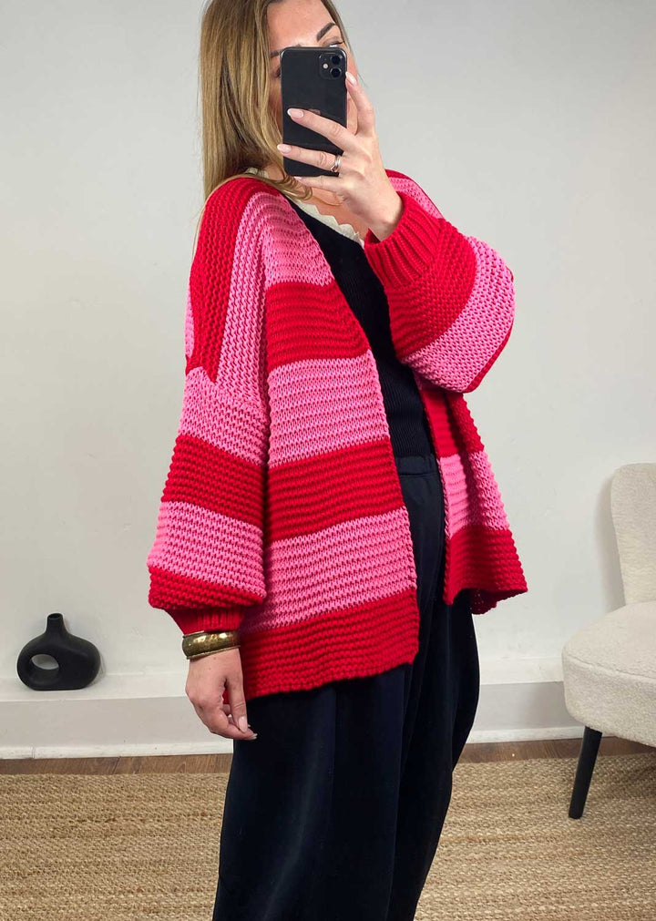 Odette Stripe Cardigan  Red Pink