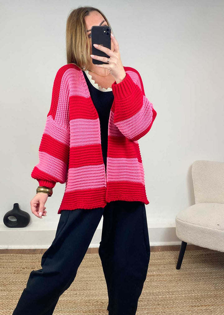 Odette Stripe Cardigan  Red Pink