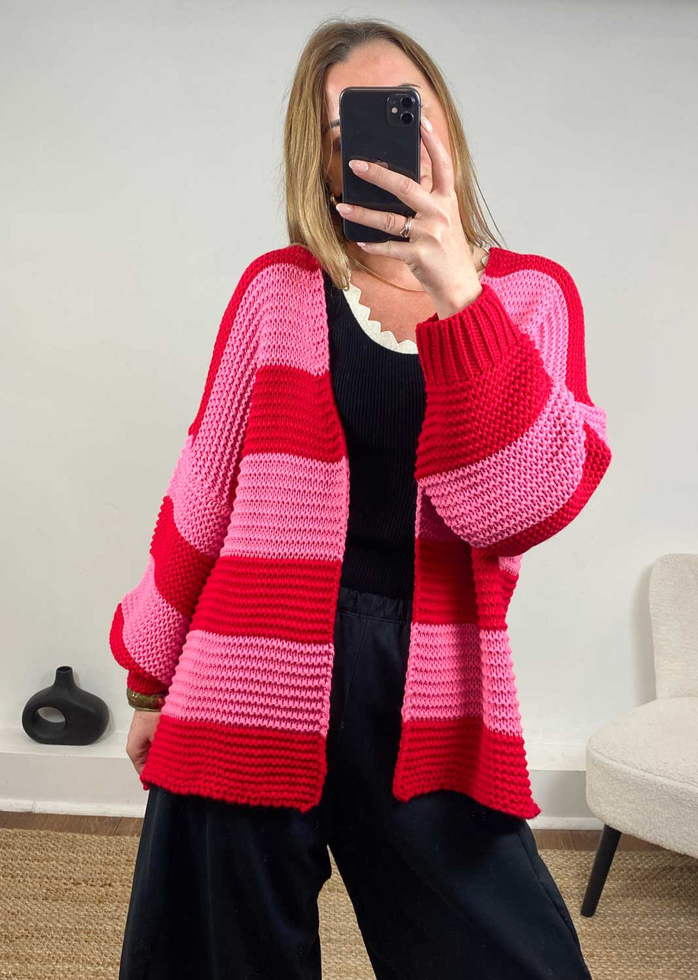 Odette Stripe Cardigan  Red Pink