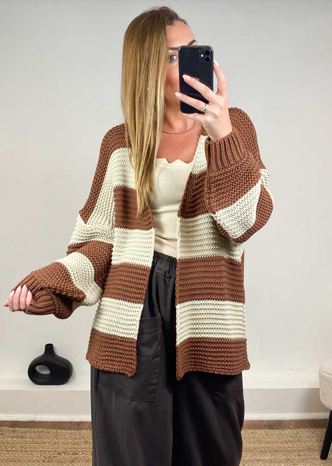 Odette Stripe Cardigan in Cream Brown