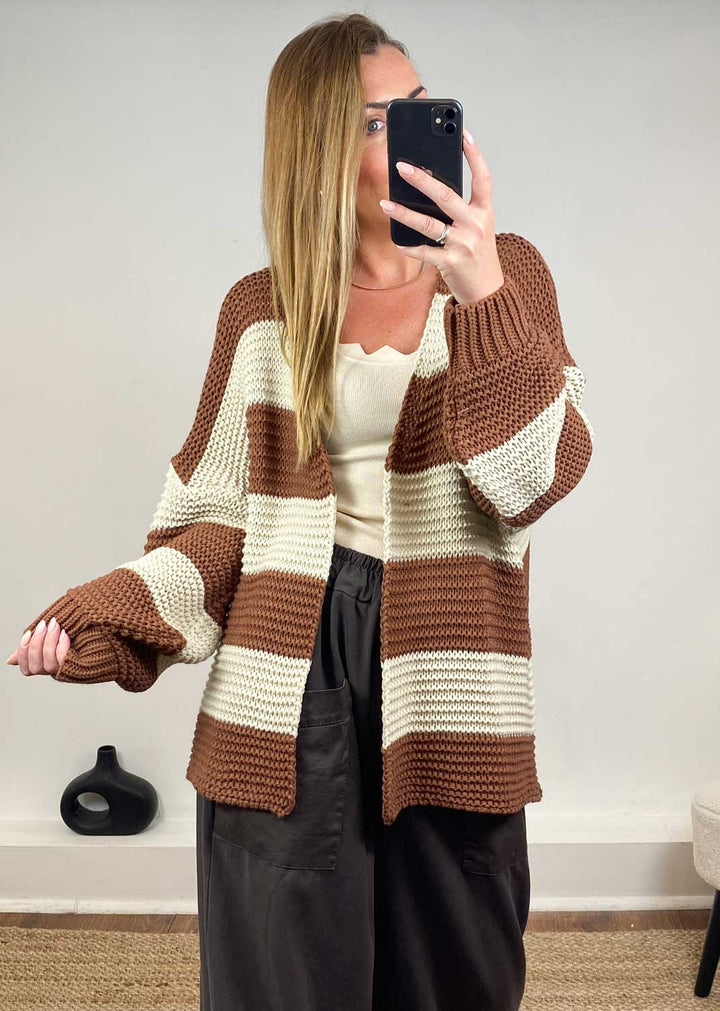 Odette Stripe Cardigan in Cream Brown