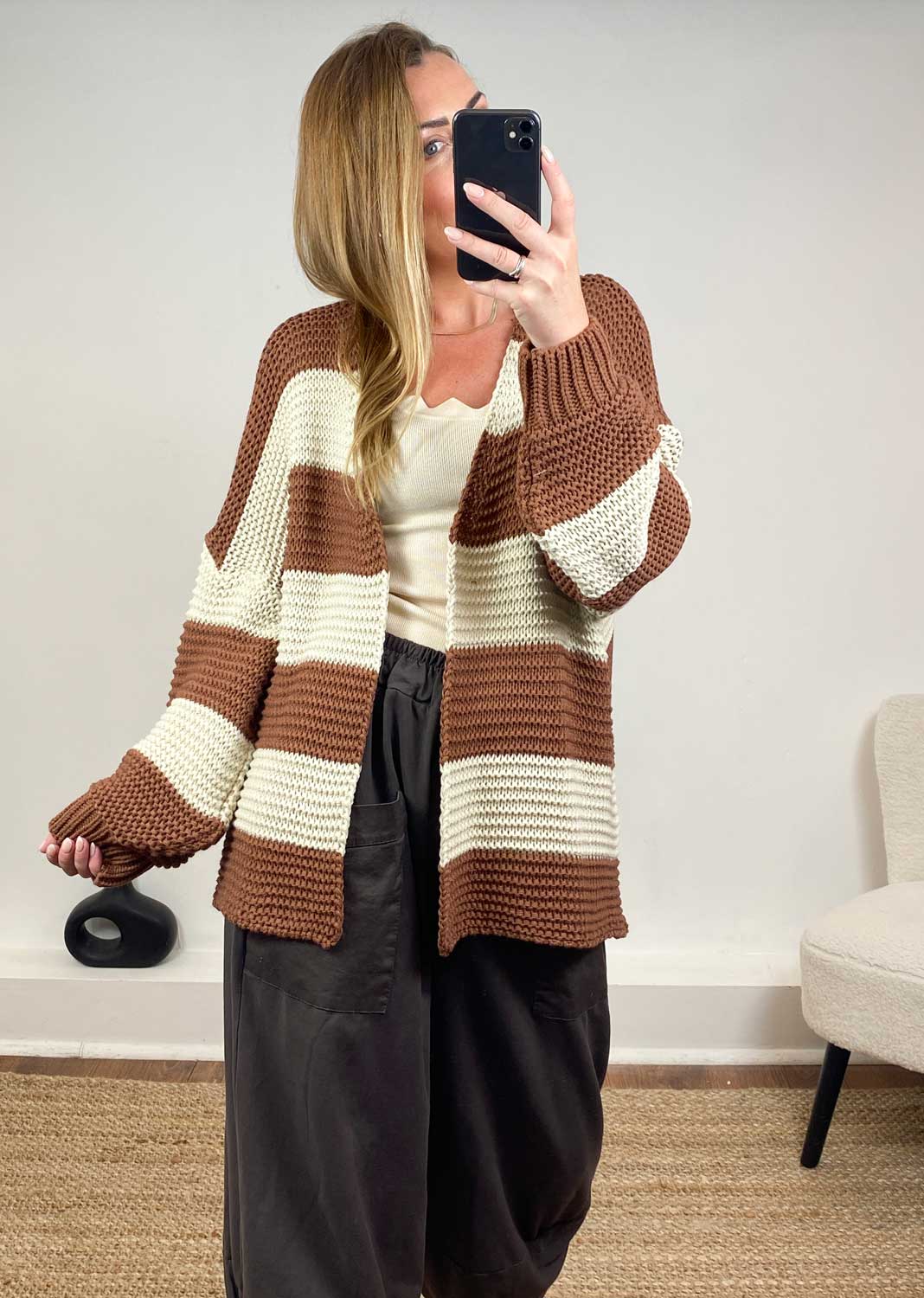 Odette Stripe Cardigan in Cream Brown