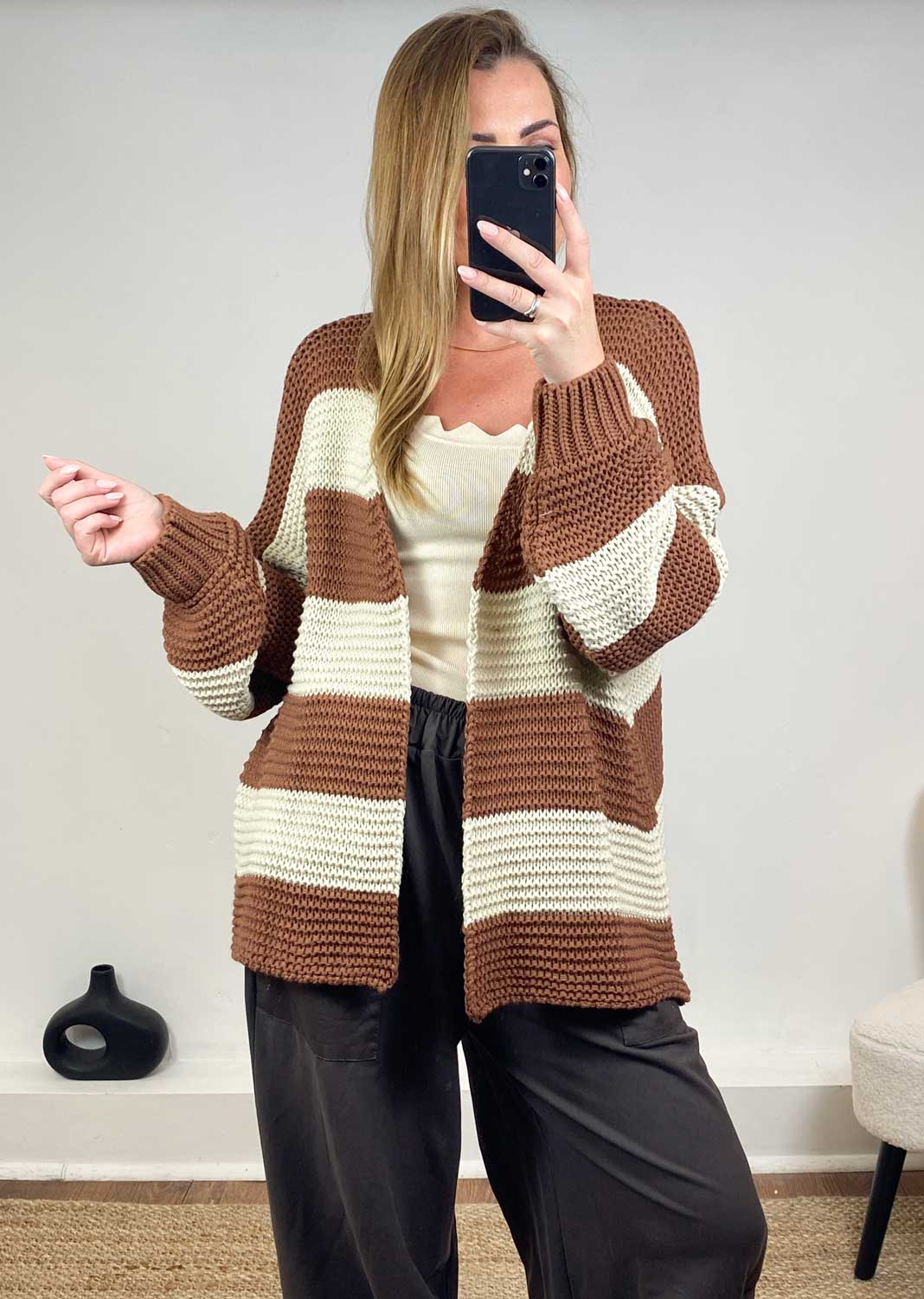 Odette Stripe Cardigan in Cream Brown