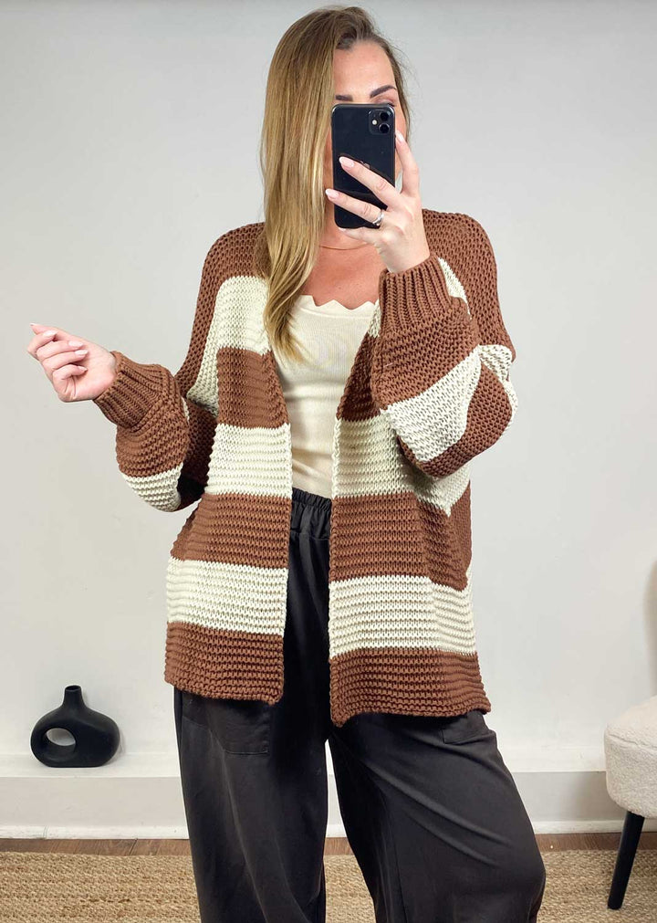 Odette Stripe Cardigan in Cream Brown