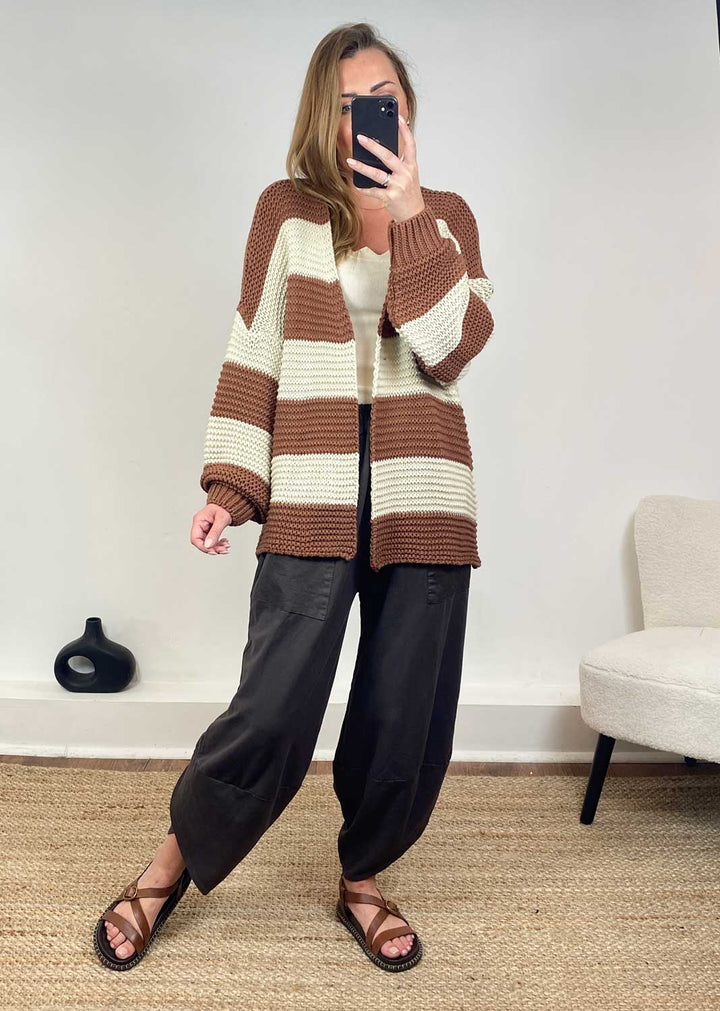 Odette Stripe Cardigan in Cream Brown