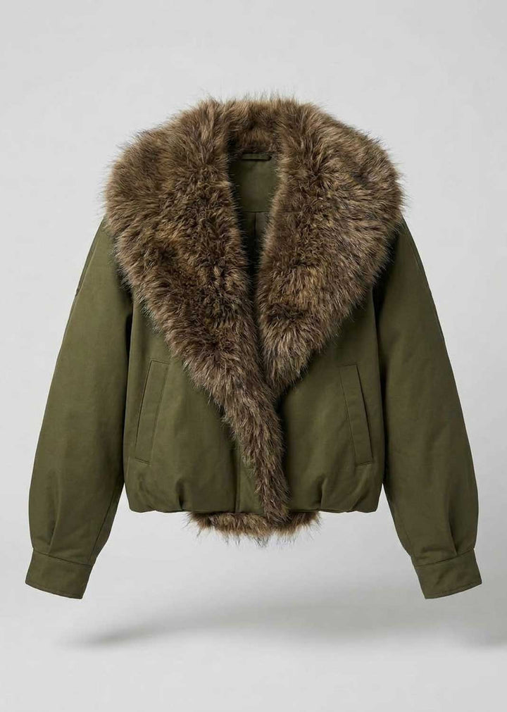 An olive green bomber jacket featuring a large, luxurious brown and beige faux-fur collar,
