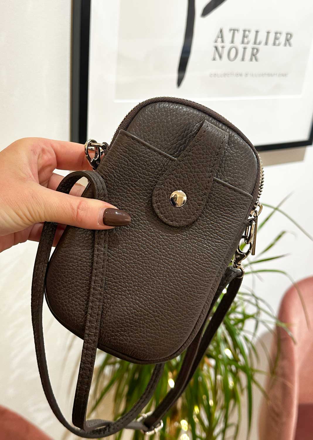 Leather mobile phone passport bag in espresso dark brown leather. Bond Fashion UK. Next day shipping  