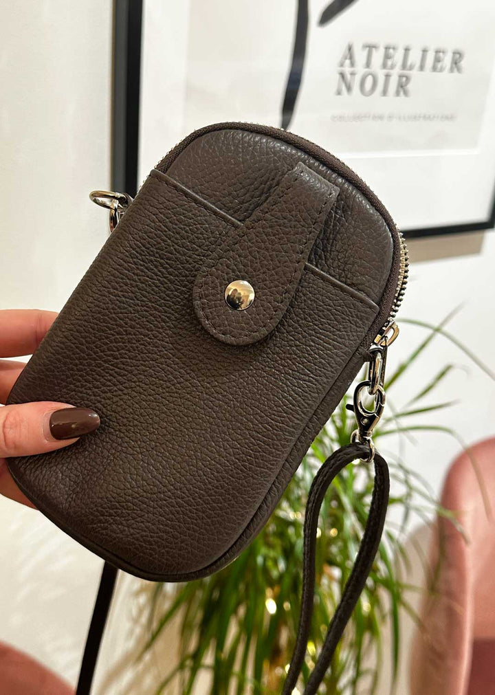 Leather mobile phone passport bag in espresso dark brown leather. Bond Fashion UK. Next day shipping  