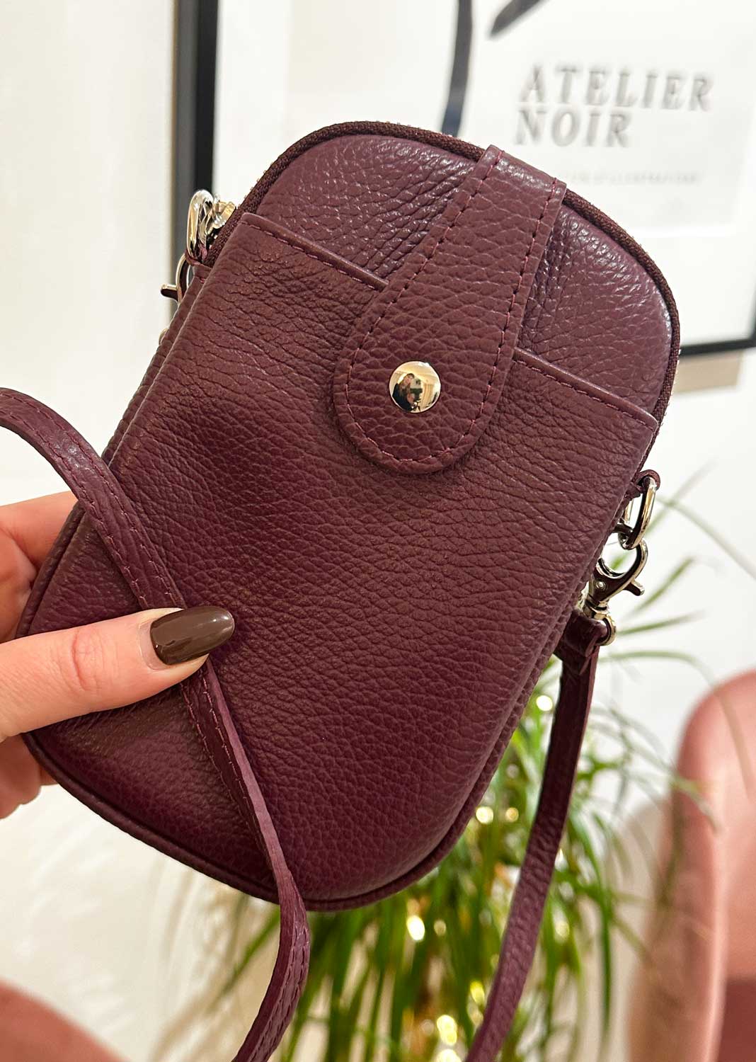 Leather mobile phone passport bag in burgundy leather. Bond Fashion UK. Next day shipping  
