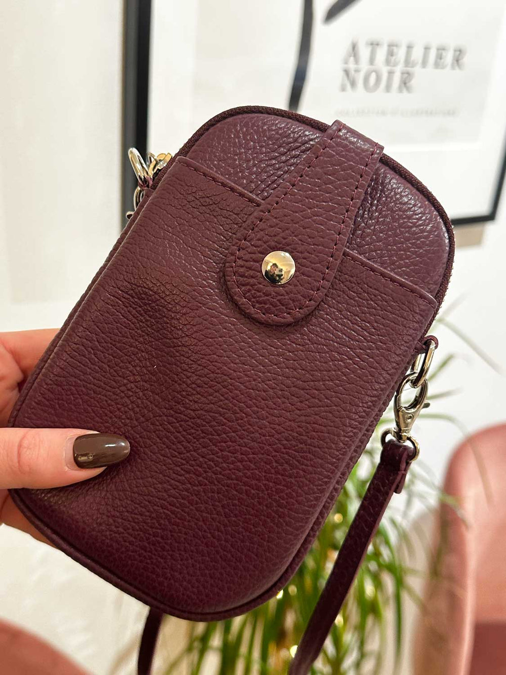 Leather mobile phone passport bag in burgundy leather. Bond Fashion UK. Next day shipping  