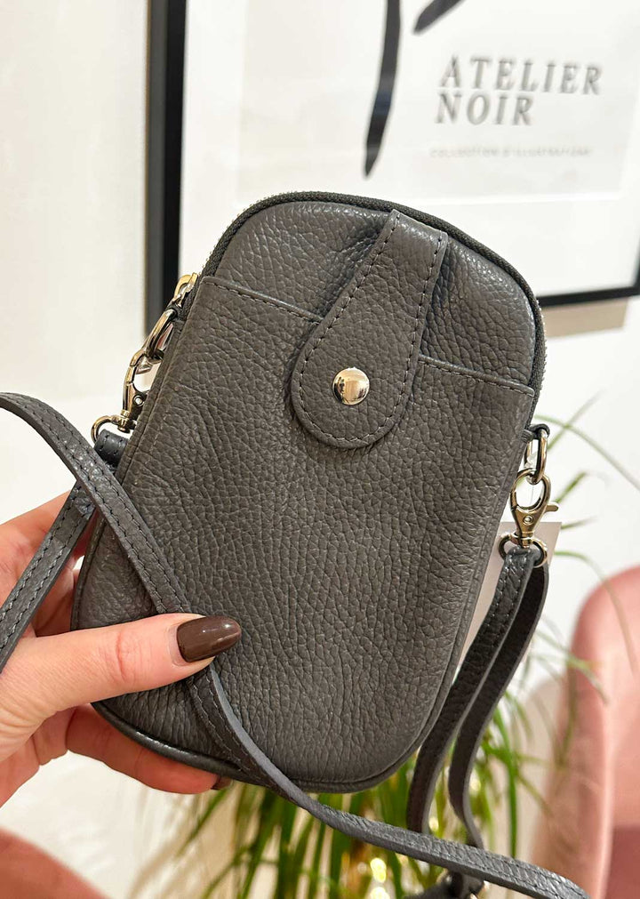 Leather mobile phone passport bag in grey leather. Bond Fashion UK. Next day shipping  