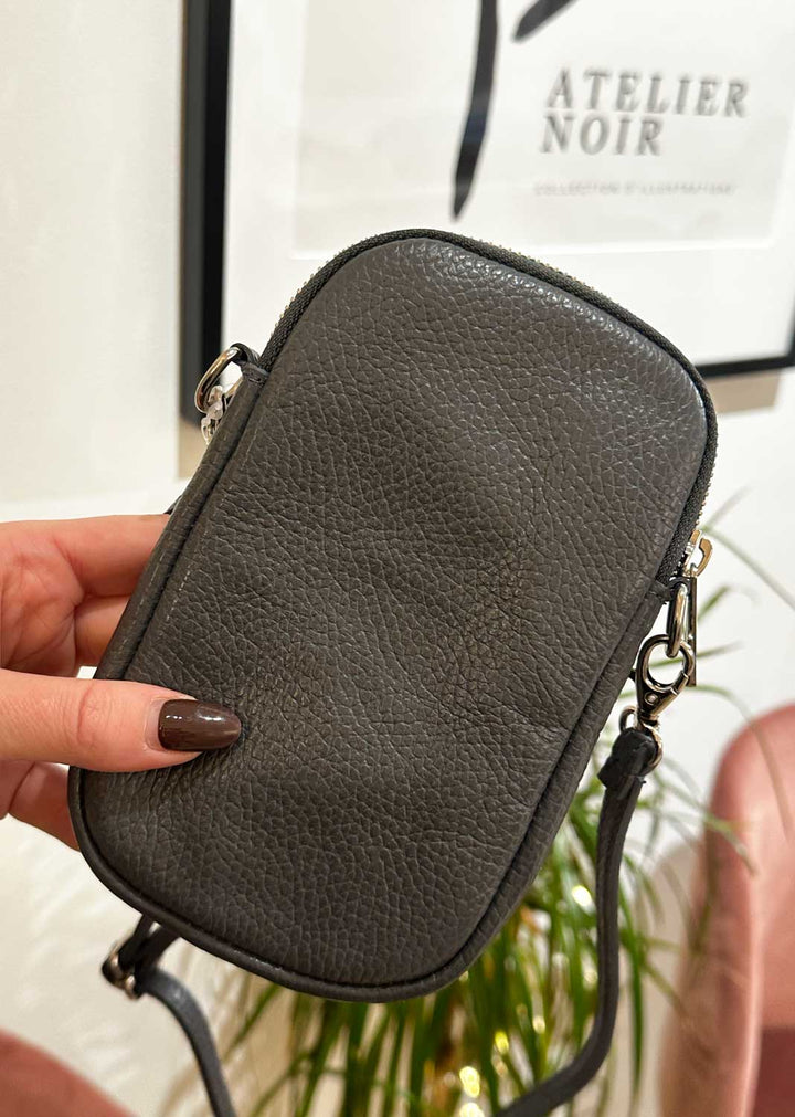 Leather mobile phone passport bag in grey leather. Bond Fashion UK. Next day shipping  