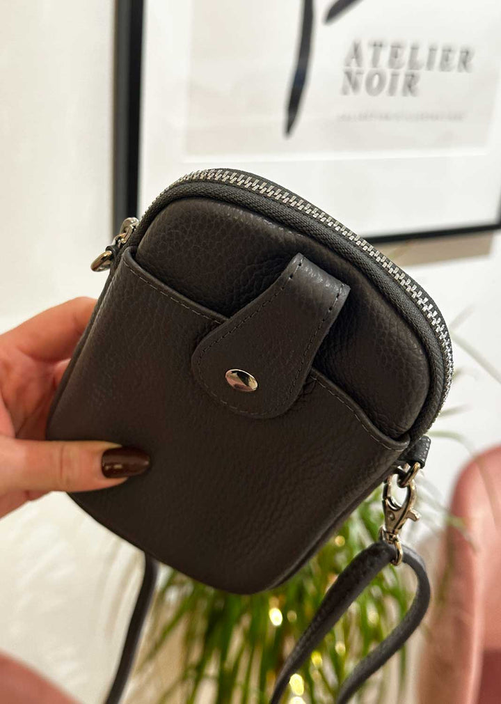 Leather mobile phone passport bag in grey leather. Bond Fashion UK. Next day shipping  