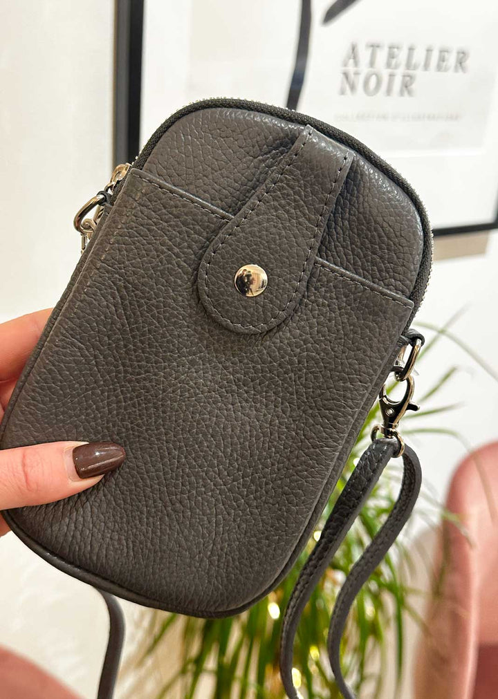 Leather mobile phone passport bag in grey leather. Bond Fashion UK. Next day shipping  