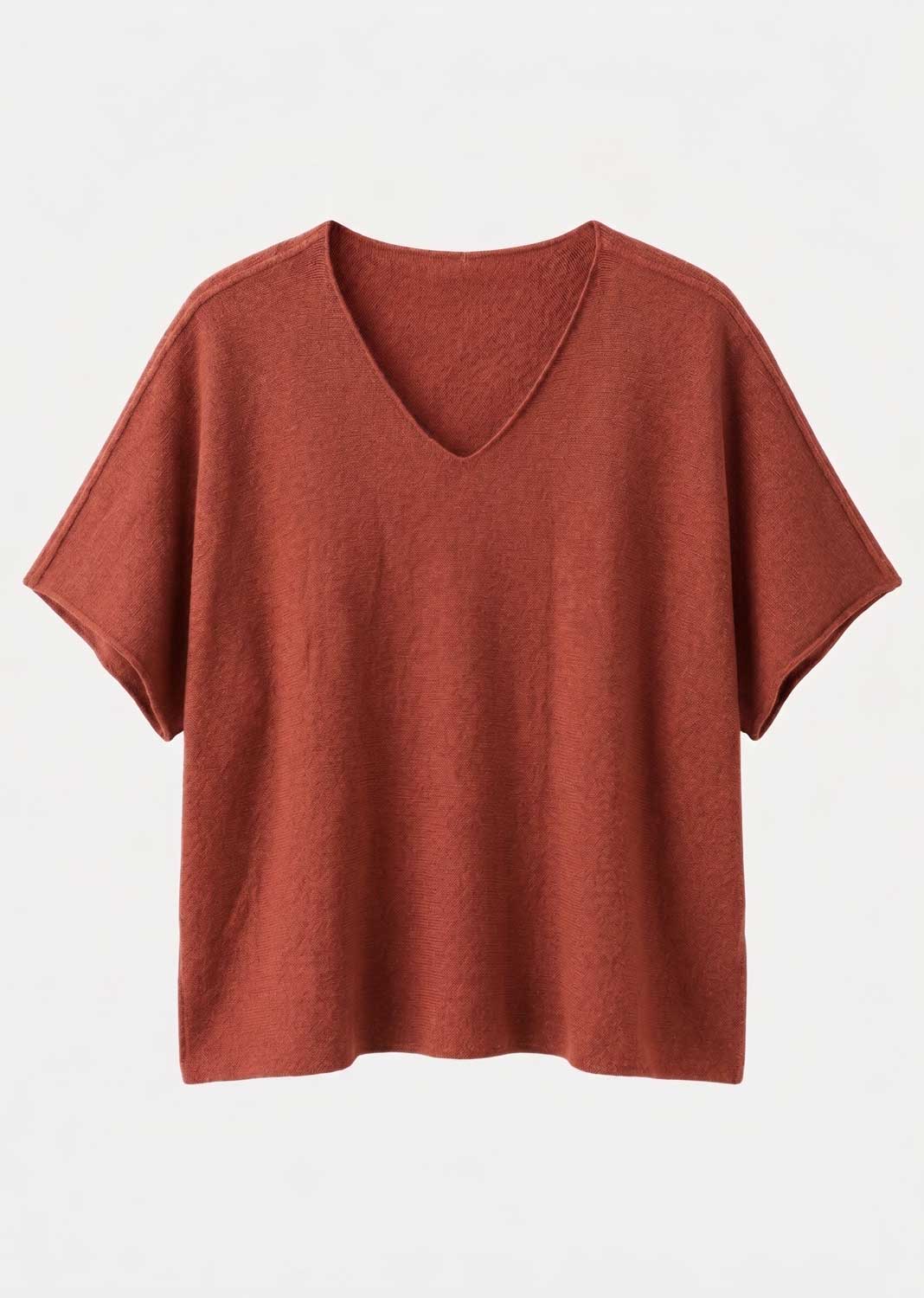 A rust-colored short-sleeve V-neck knit top displayed flat against a clean white background.