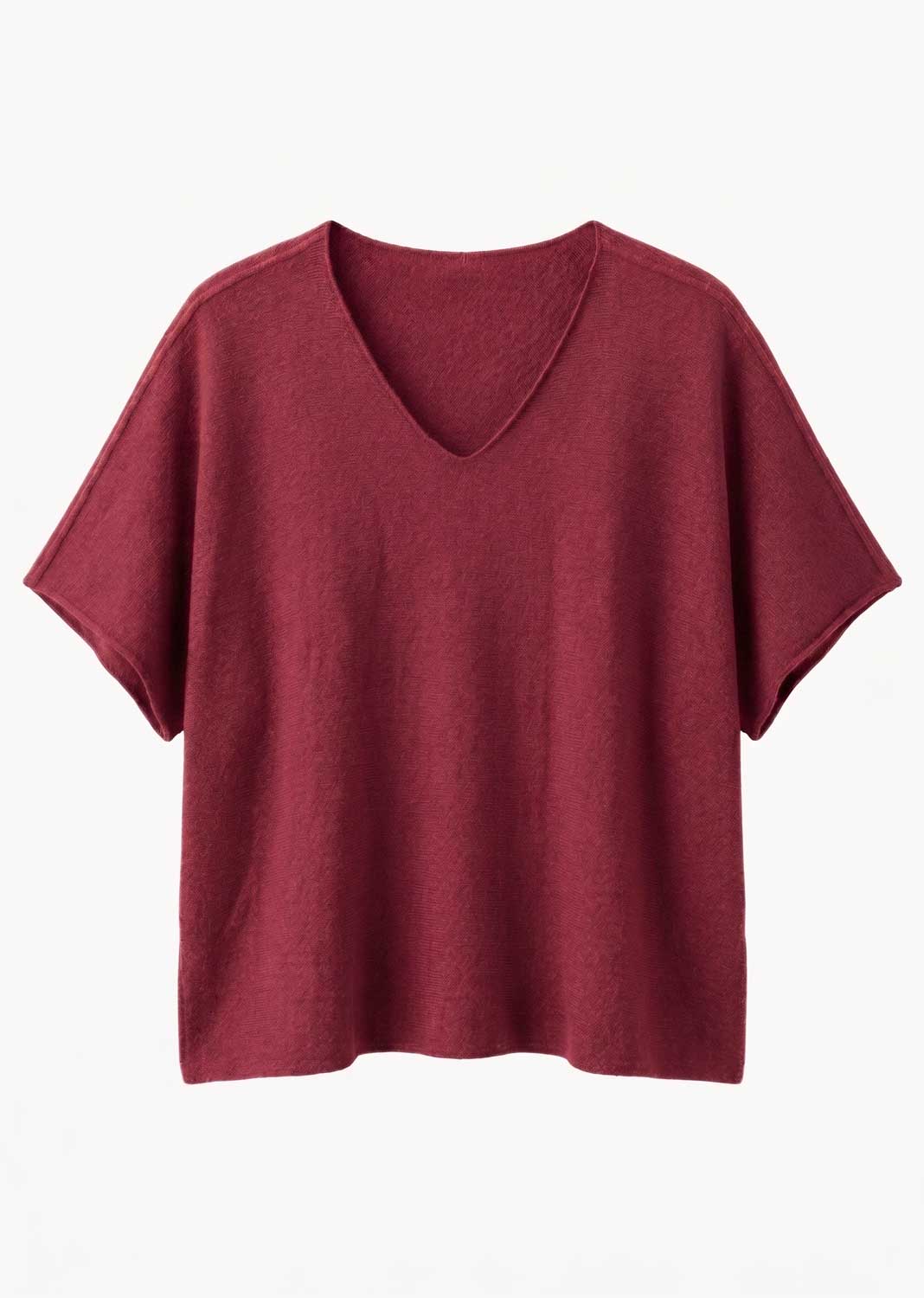 A short-sleeve V-neck knit top in a heathered burgundy red, displayed flat against a clean white background.