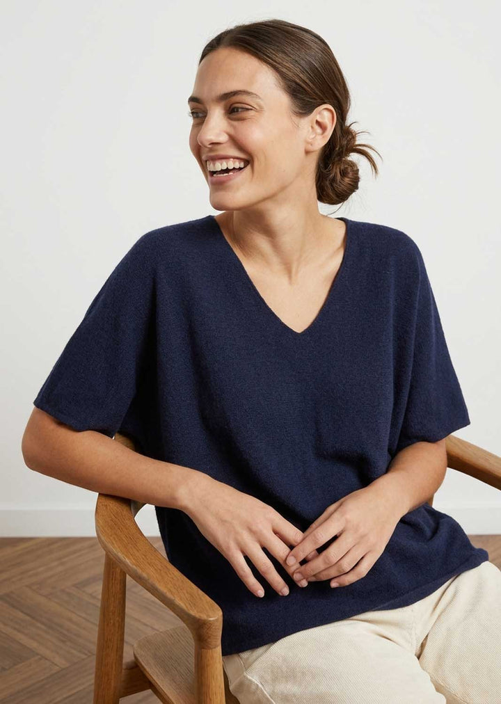 Ophelia Navy V Neck Box Knit Top