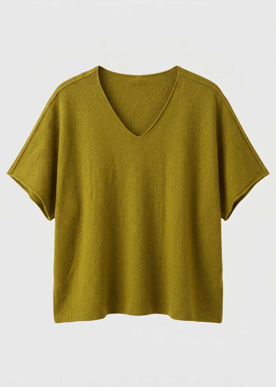 A short-sleeve V-neck knit top in a muted olive yellow color, displayed flat against a light gray background.