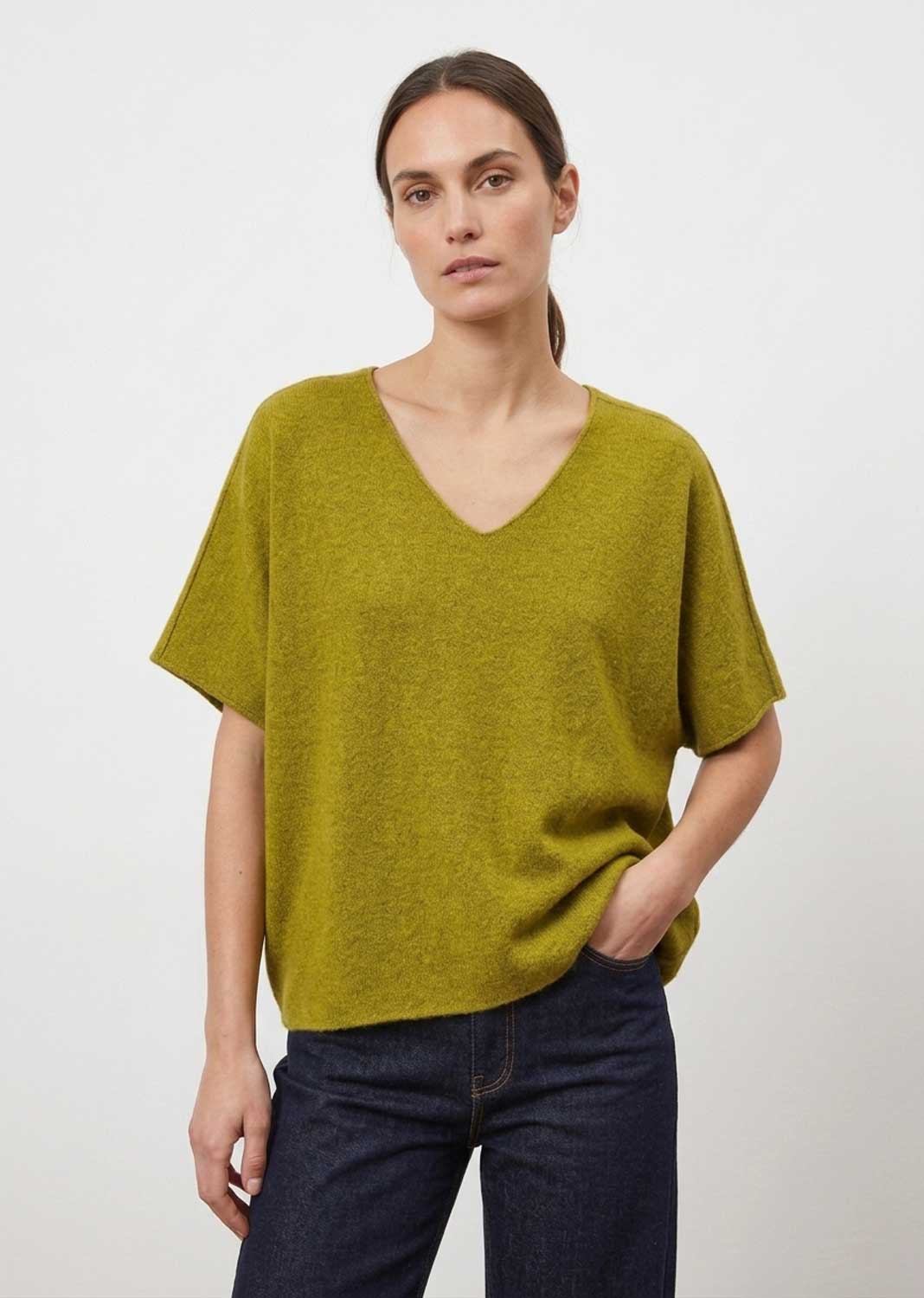 Ophelia Olive V Neck Box Knit Top