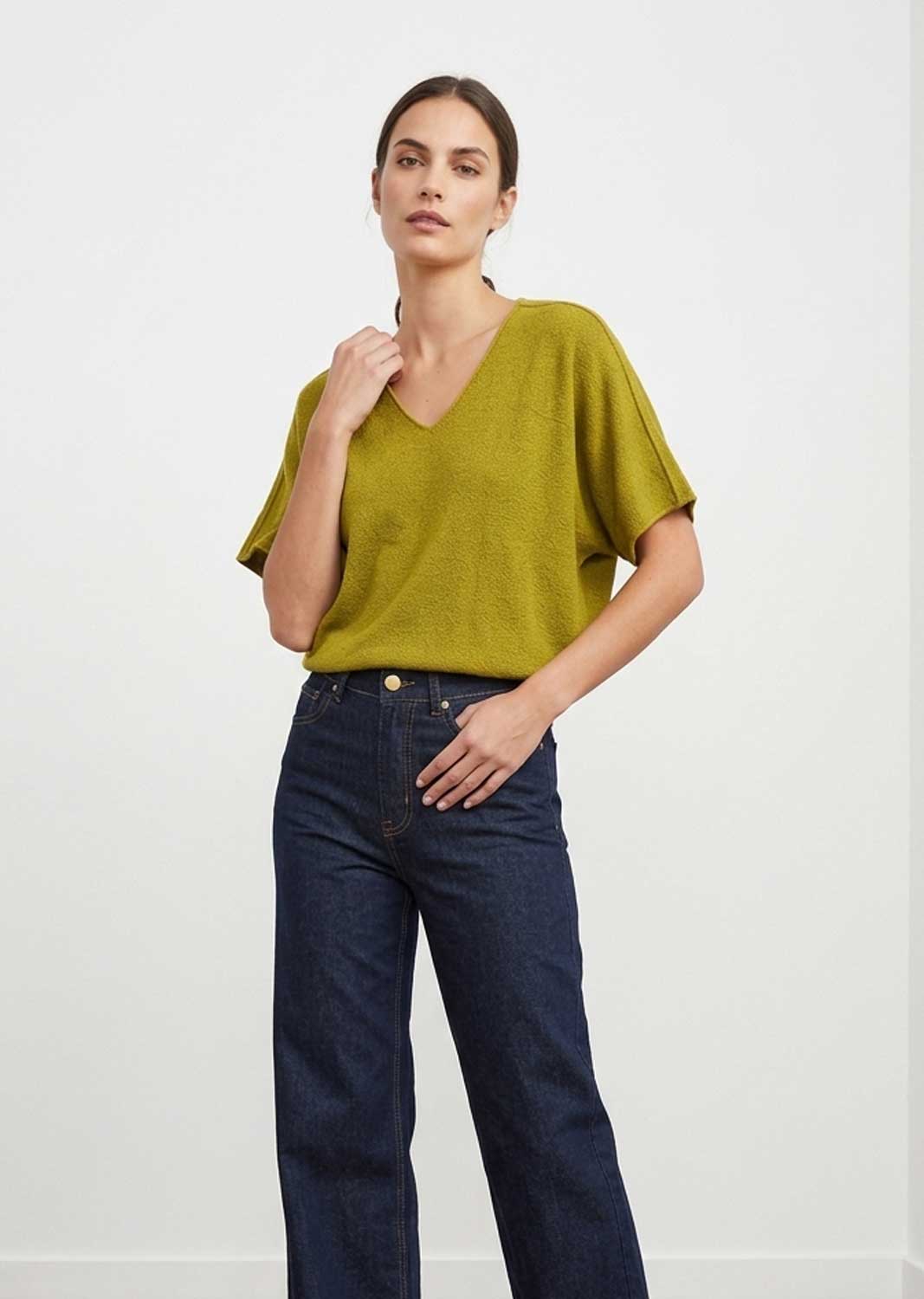Ophelia Olive V Neck Box Knit Top