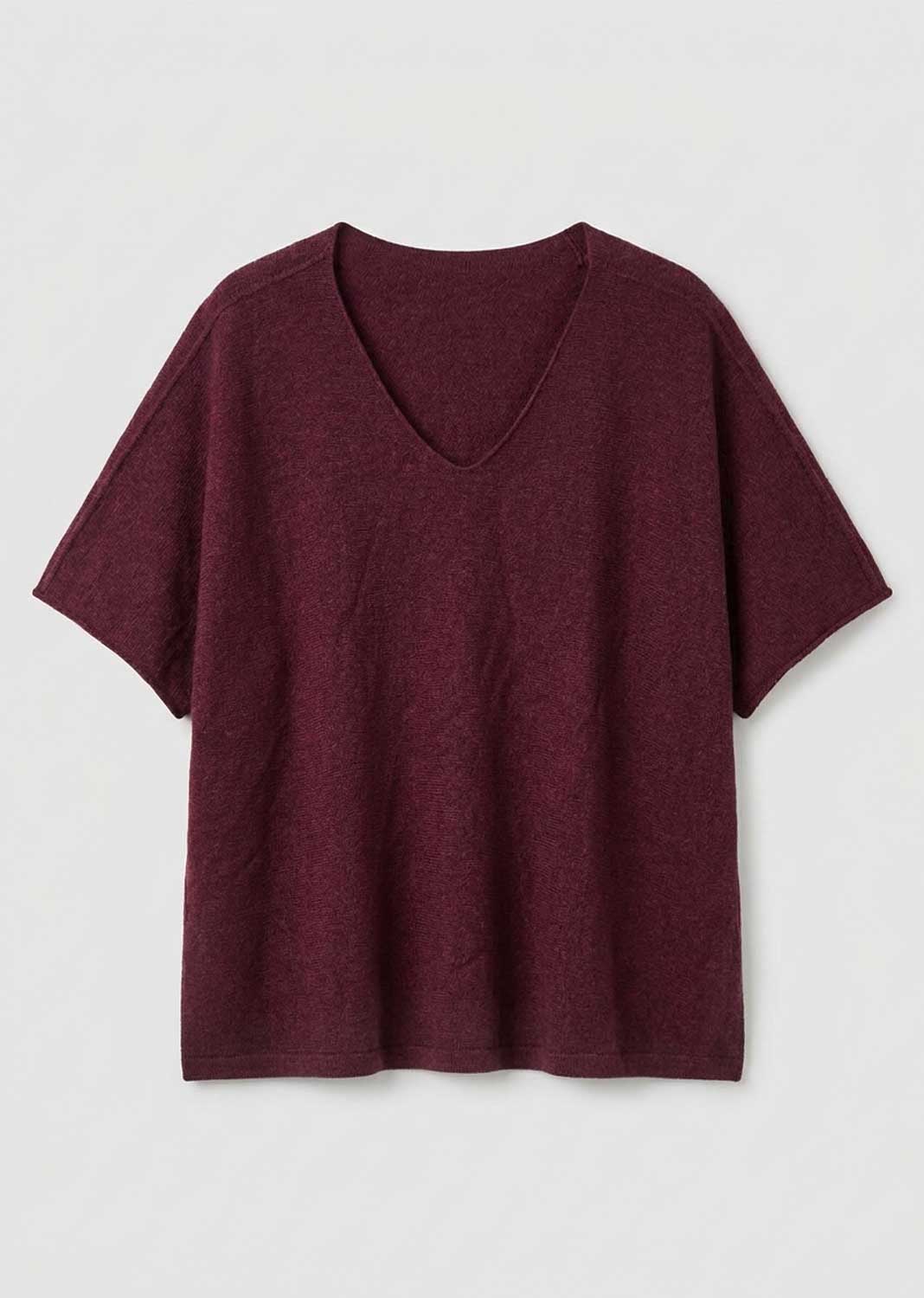 A short-sleeve V-neck knit top in a heathered burgundy color, displayed flat against a light gray background.