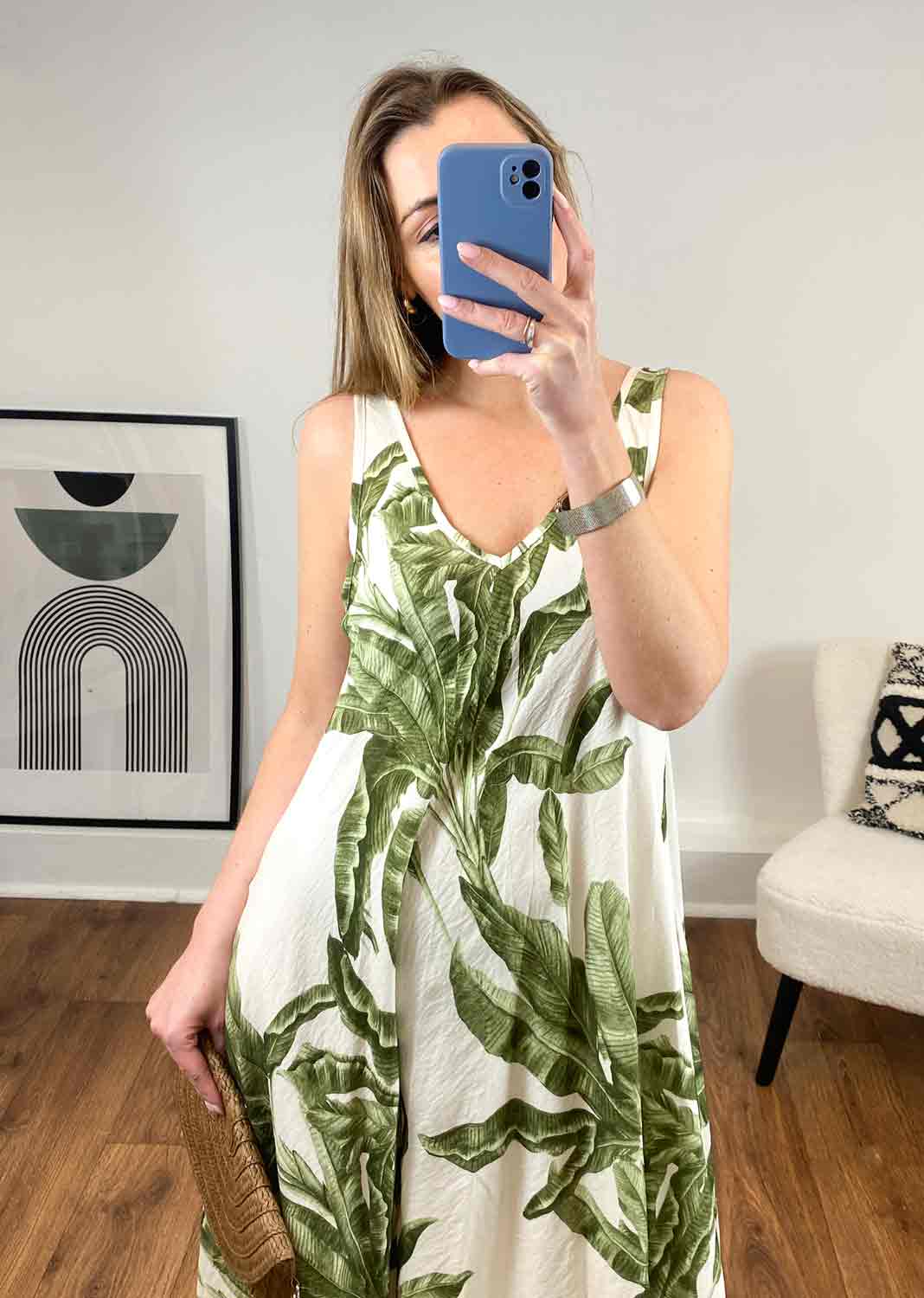 Palmer Leaf Print Dress in Khaki