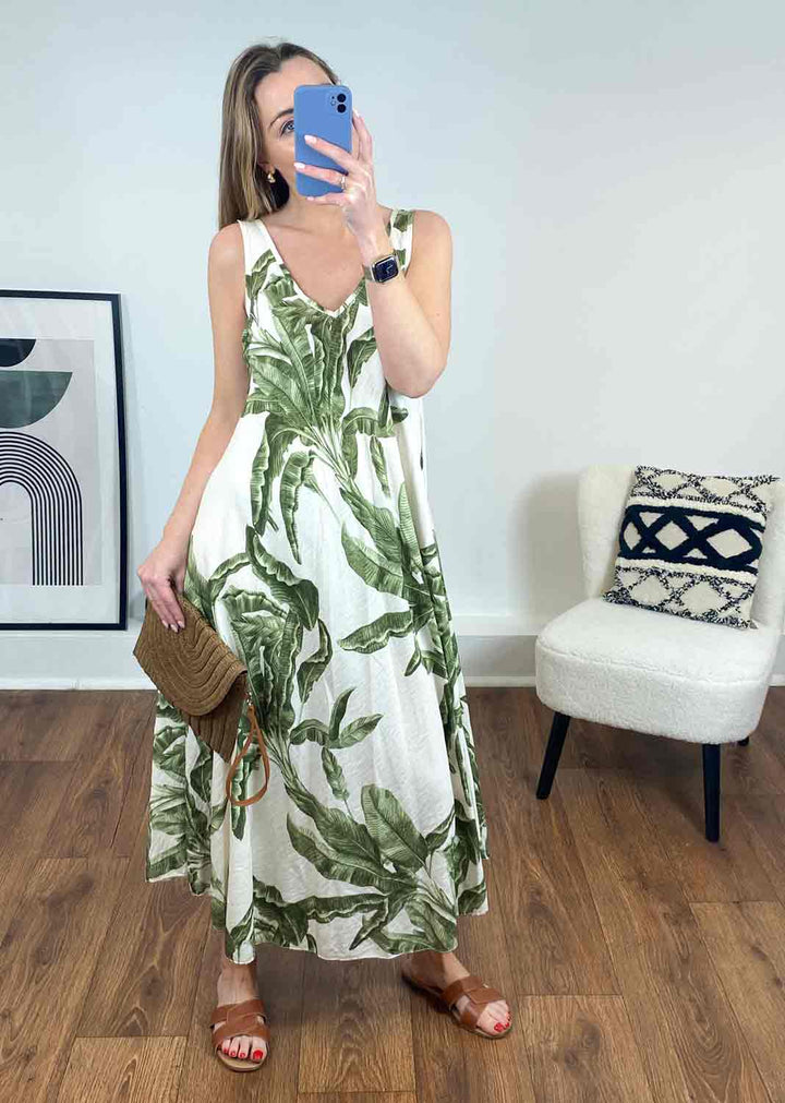 Palmer Leaf Print Dress in Khaki