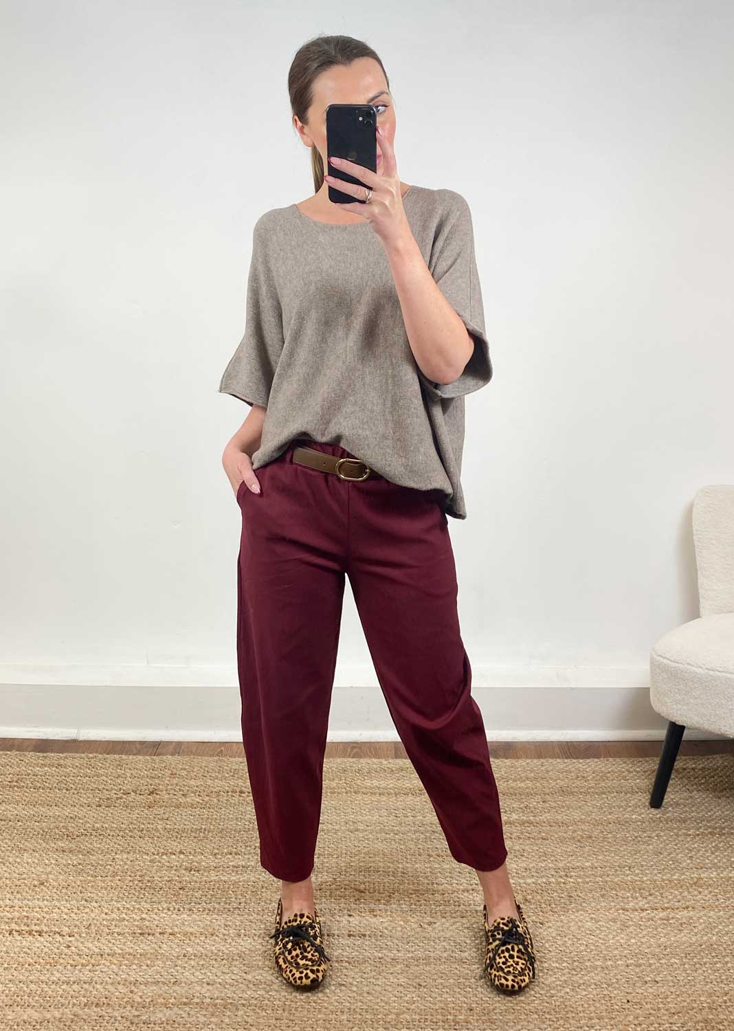 Parker Belted Barrel Trousers Burgundy