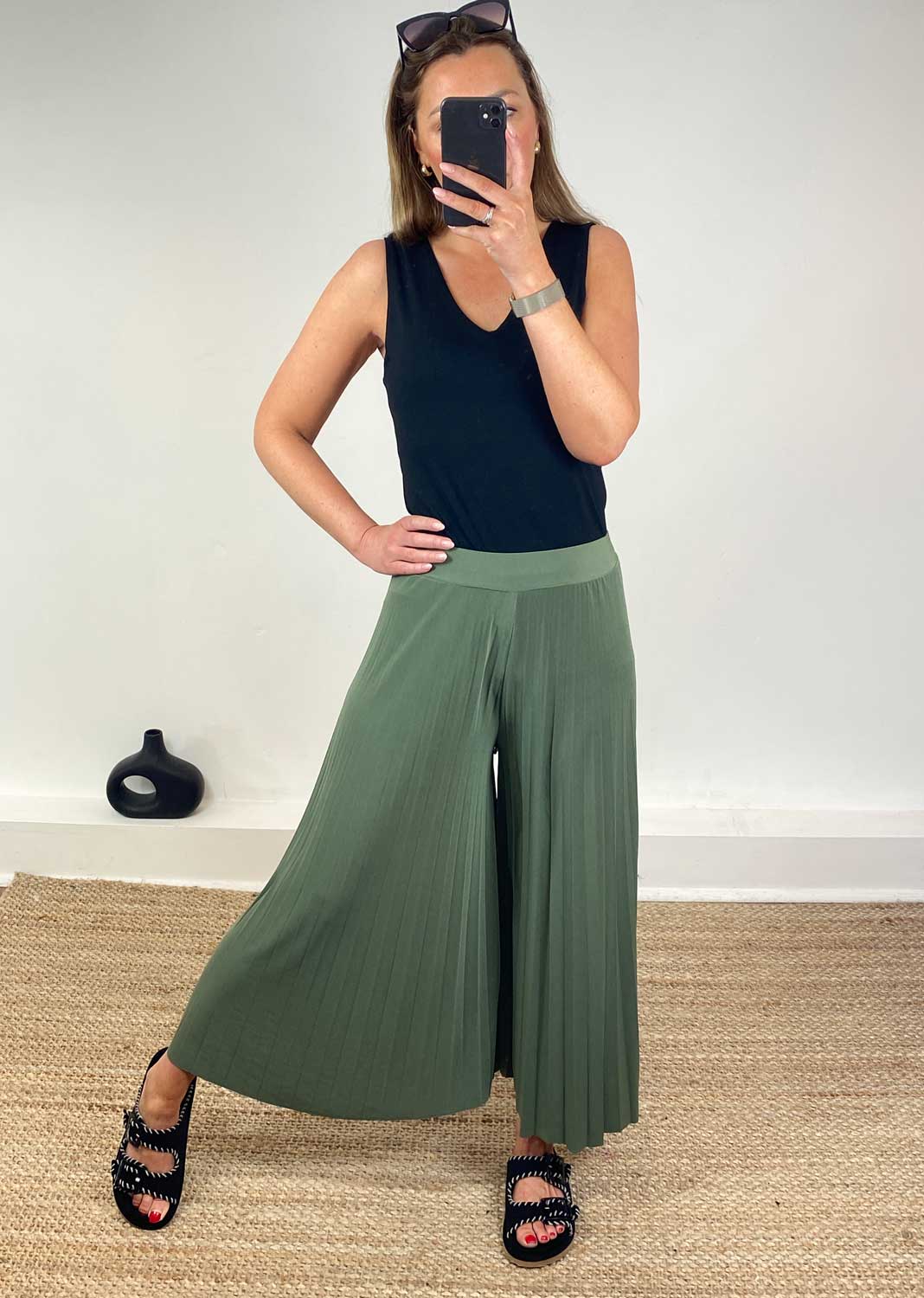 Pleated Palazzo Pants in Olive