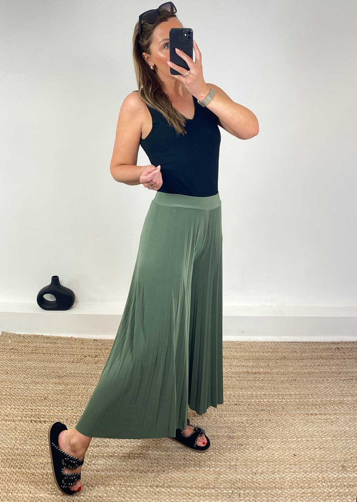 Pleated Palazzo Pants in Olive
