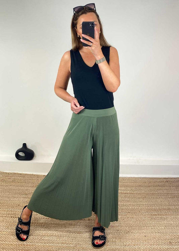 Pleated Palazzo Pants in Olive