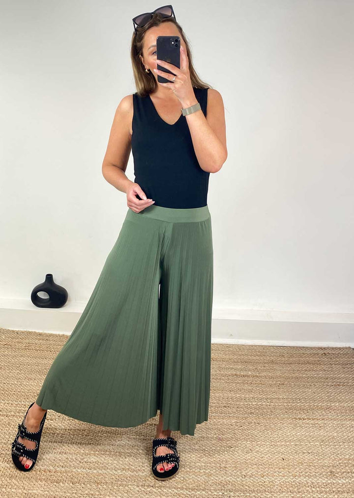 Pleated Palazzo Pants in Olive