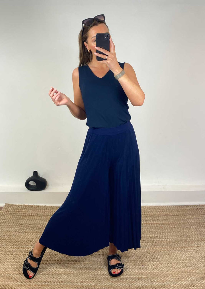 Pleated Palazzo Pants in Navy