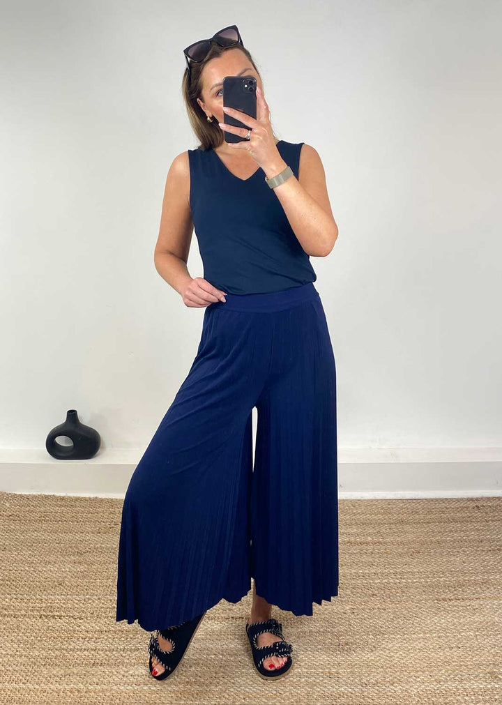 Pleated Palazzo Pants in Navy