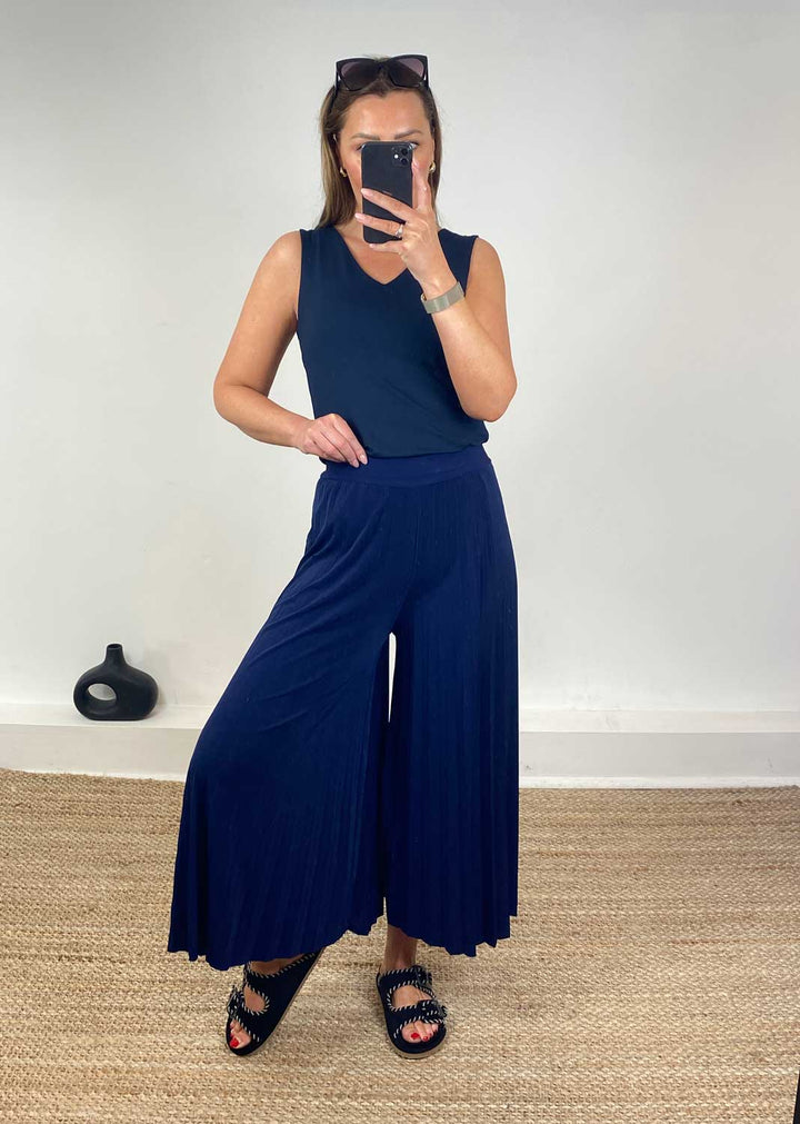 Pleated Palazzo Pants in Navy