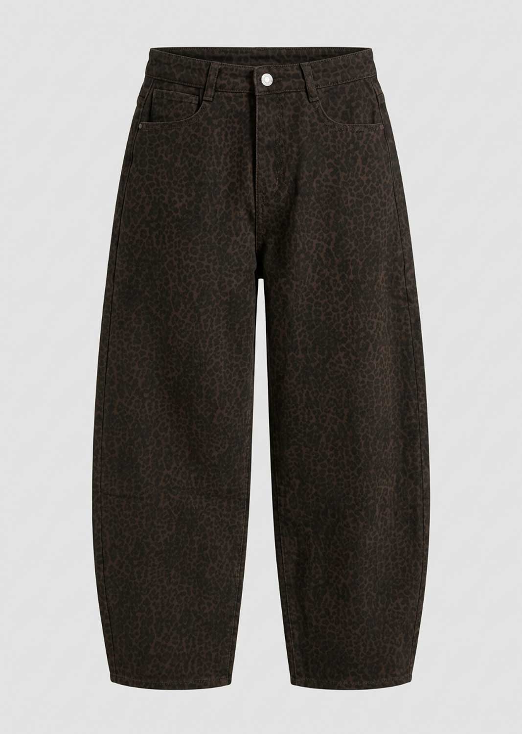 Dark brown wide-leg full length pants with a subtle tonal leopard print pattern, shown against a light gray background.