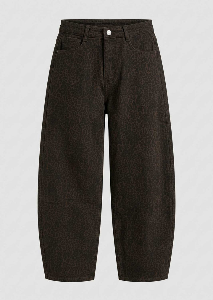 Dark brown wide-leg full length pants with a subtle tonal leopard print pattern, shown against a light gray background.