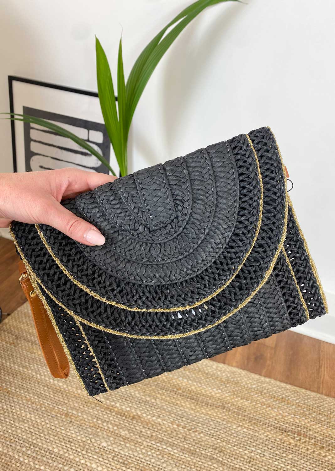 Raffia Gold Detail Clutch Bag in Black