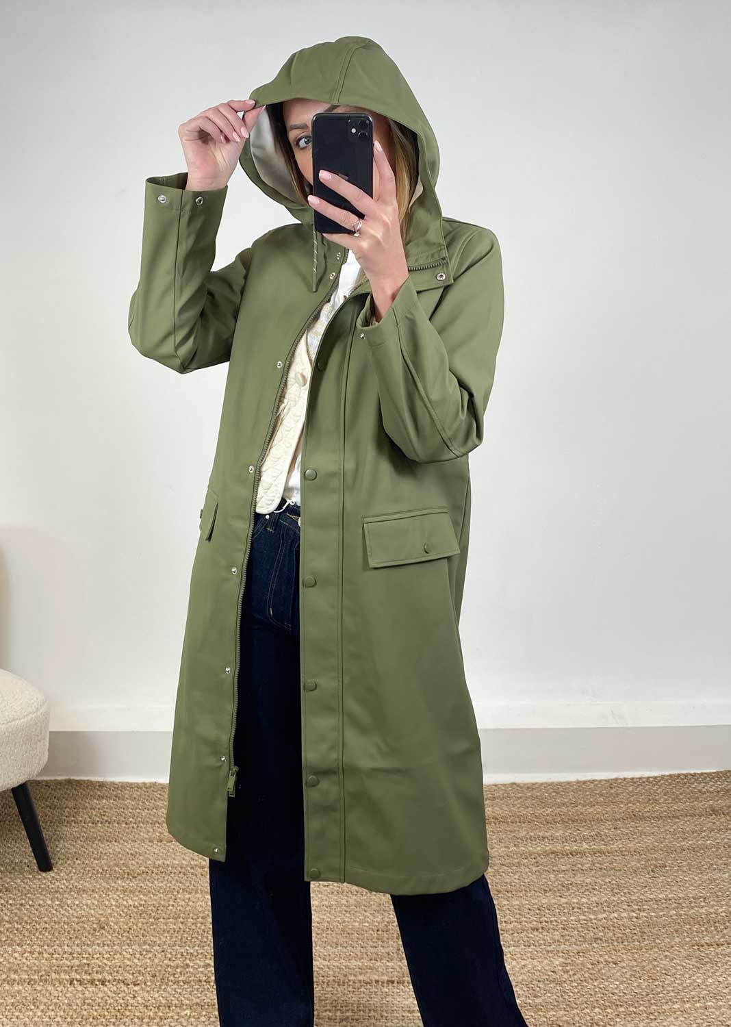 Malou Long Raincoat in Olive Green