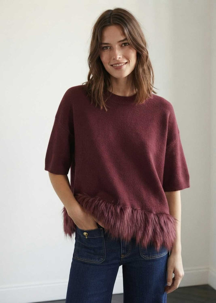 fur trimmed burgundy knit top