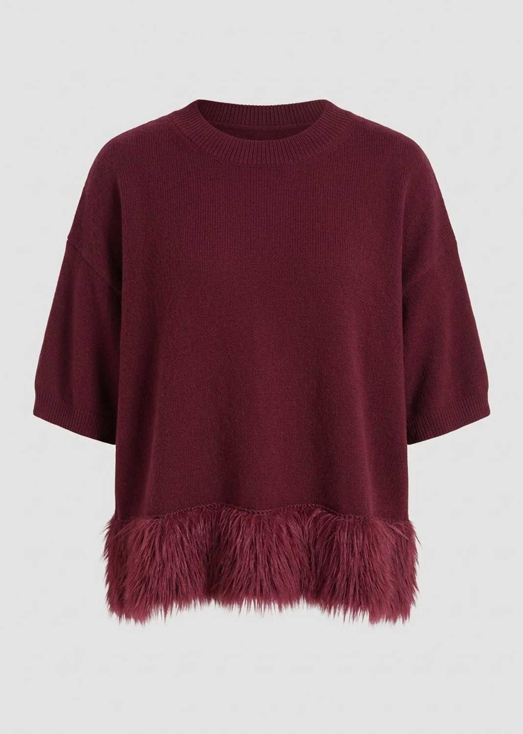 A dark burgundy knit sweater with a fuzzy faux-fur trimmed hem, shown against a plain light gray background.